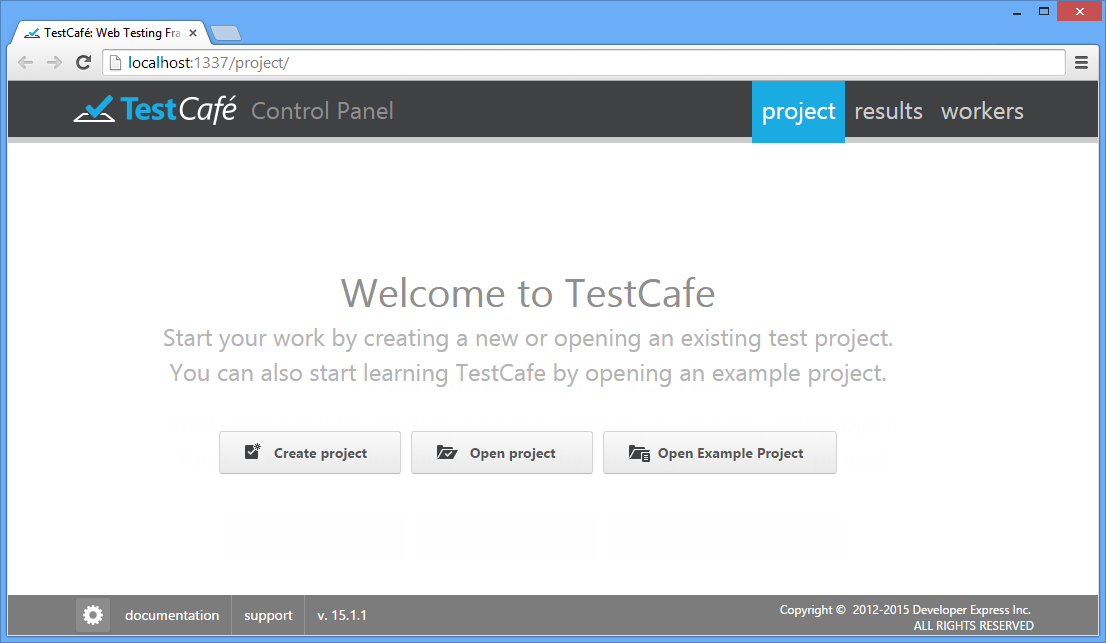 TestCafe Control Panel UI